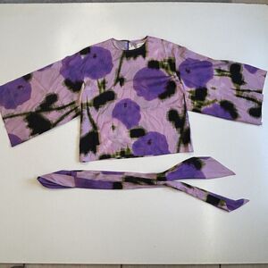 NWT Psophia Silk Top Blouse Medium Abstract Oversized Purple Pink Long Sleeve